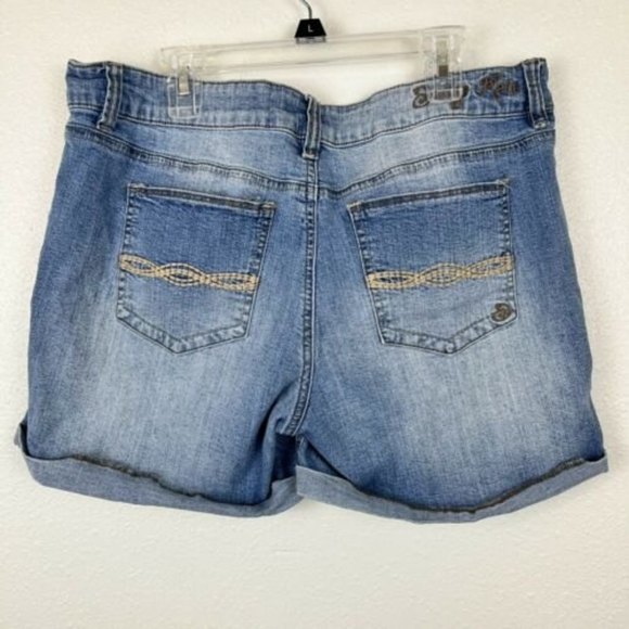 Jean Shorts Indigo Rein Cuffed Denim Blue Whiskered Stretch Size 13 Distressed - Picture 2 of 8